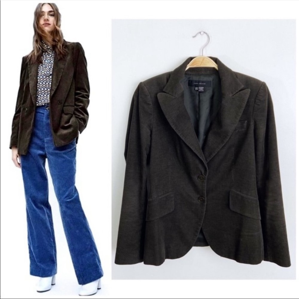 Zara Dark Green Lapel 2-Button Corduroy Blazer